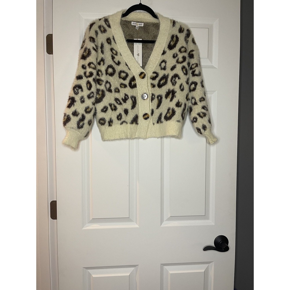 Woven Hearts Leopard Button Down Cropped cardigan sweater small cream brown NWT